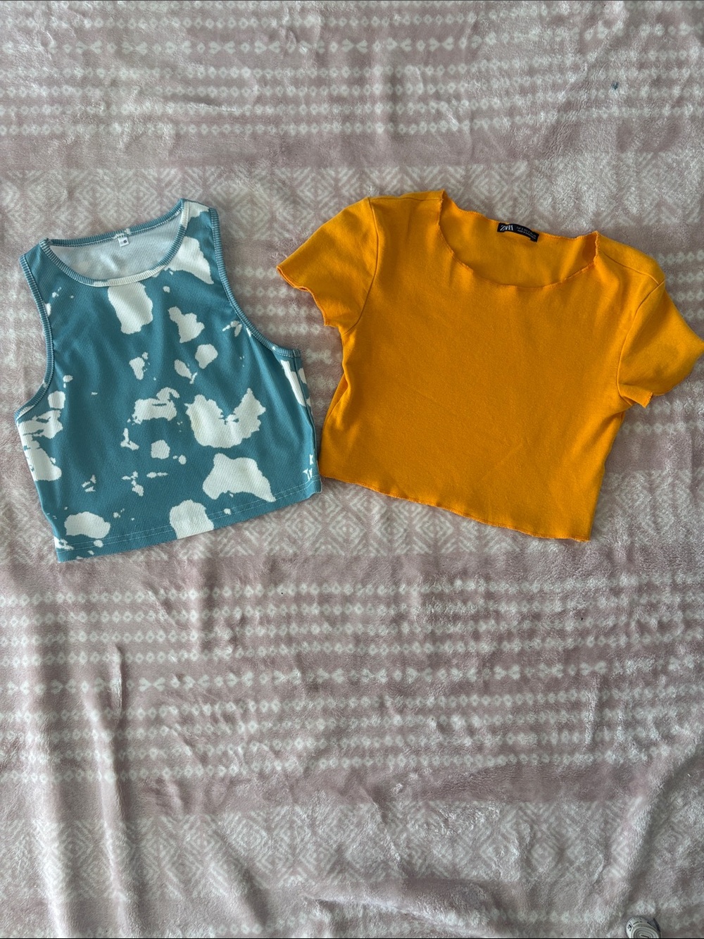 Zara women Bright Orange Cropped Tee & Blue White Patterned Tank Set